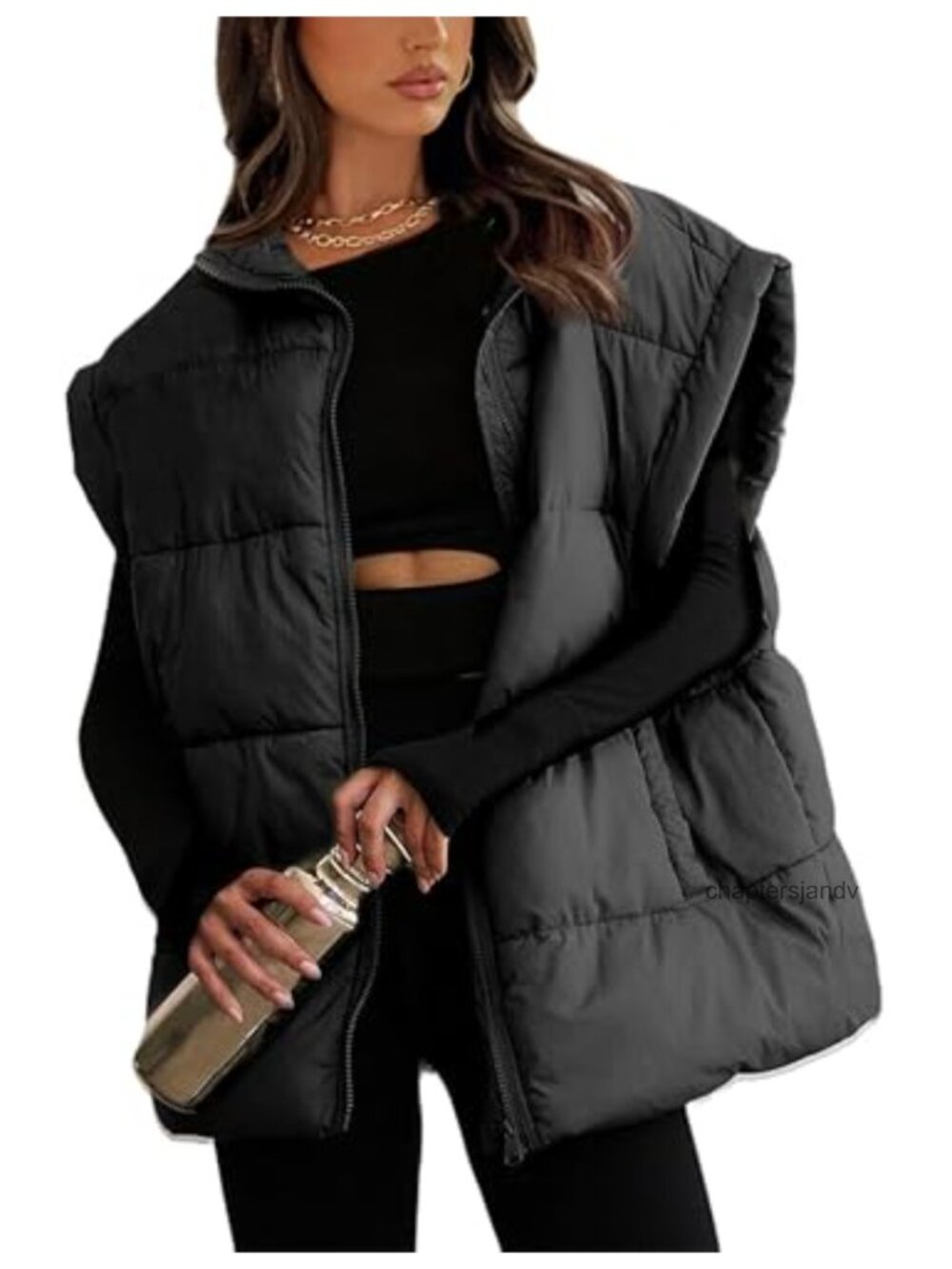 Oversized Quilted Puffer Vest Stand Collar Zip Winter Outerwear